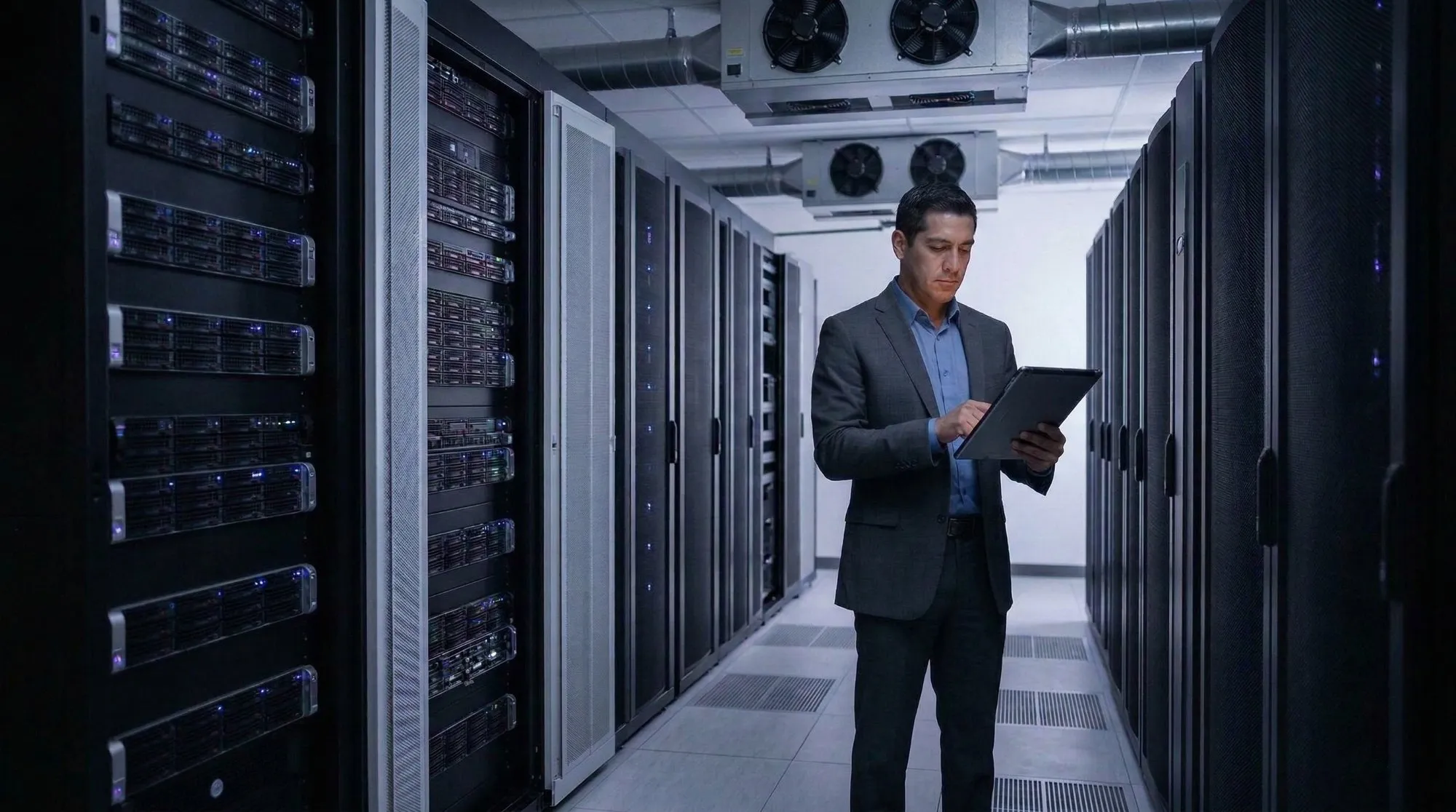 Ingeniero validando el despliegue en un pasillo de racks de un data center