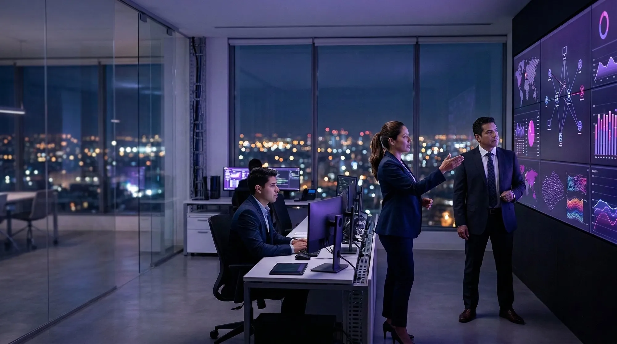 Centro de operaciones de ciberseguridad con monitores y dashboards de seguridad
