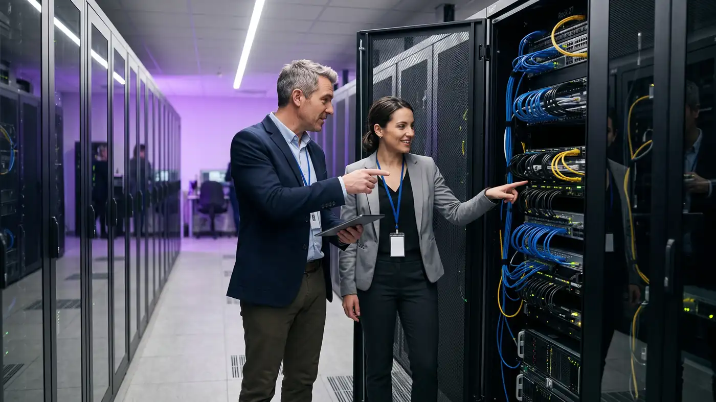 Consultores de Qyreon conversando frente a un rack de servidores durante una sesión de diagnóstico