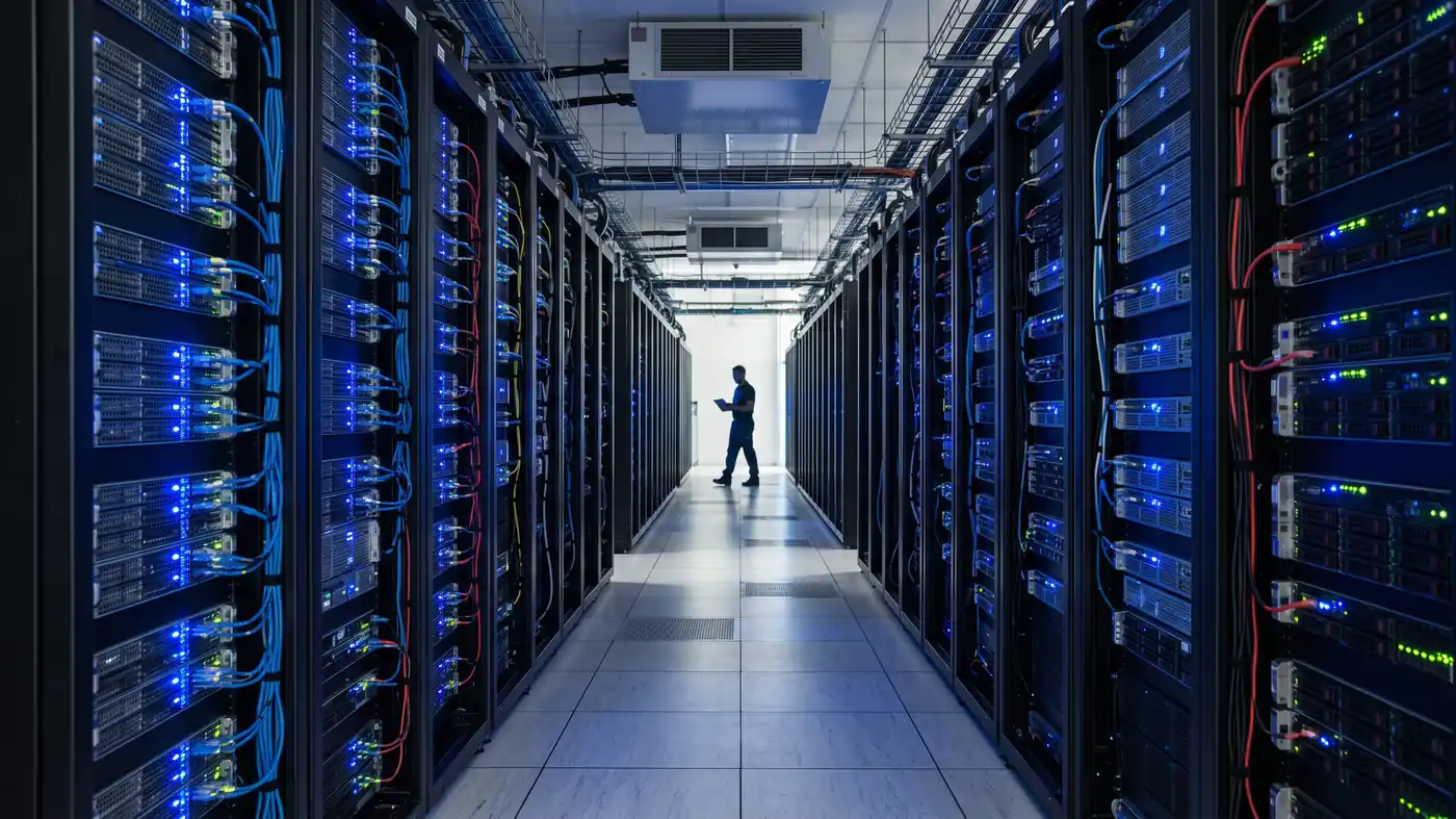 Pasillo de racks de servidores en un centro de datos con monitoreo activo